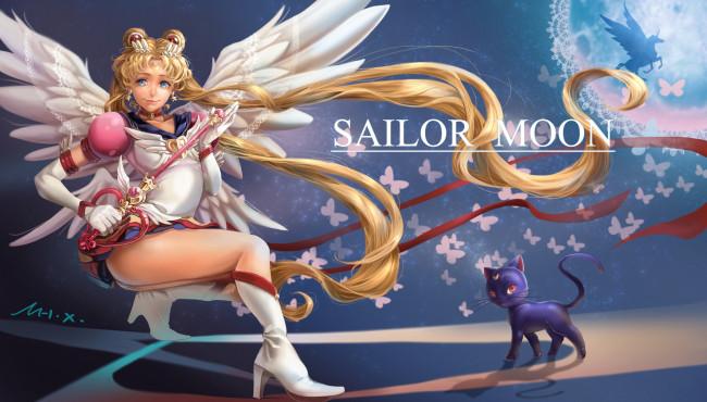 Обои картинки фото аниме, sailor moon, usagi, воин, девушка, кошка, луна, tsukino