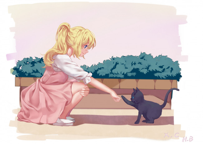 Обои картинки фото аниме, shigatsu wa kimi no uso, котёнок, девушка
