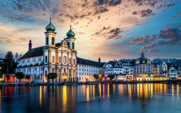 Картинка города люцерн+ швейцария озеро собор вечер огни