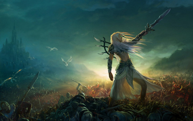 Обои картинки фото видео игры, heroes of might and magic vi, девушка, меч, замок, войска, битва