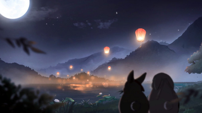 Обои картинки фото видео игры, the untamed, кролики, озеро, горы, ночь, луна, фонарики