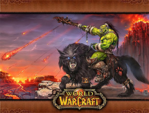 обоя видео игры, world of warcraft, орк, волк, магия, огонь