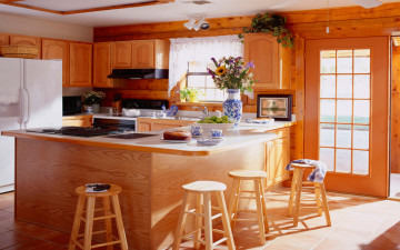Картинка интерьер кухня плита холодильник шкафчики
