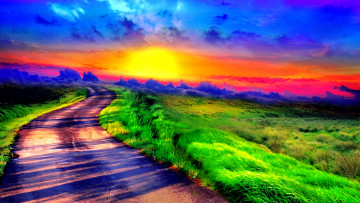 обоя sunset, path, природа, дороги, закат, краски, поле, дорога