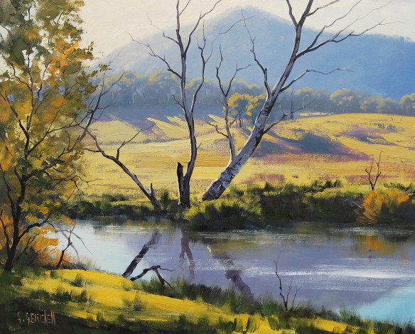 Обои картинки фото рисованные, graham, gercken, река, деревья