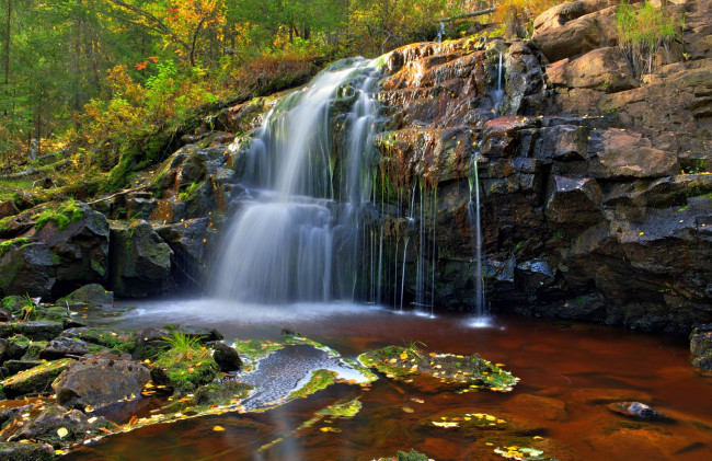 Обои картинки фото природа, водопады, поток, вода, лес, камень