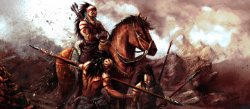 Картинка фэнтези всадники наездники копье индейцы лошадь