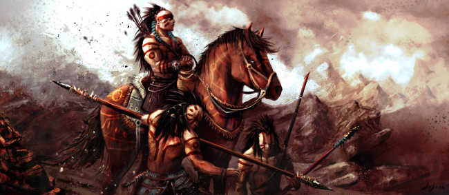 Обои картинки фото фэнтези, всадники, наездники, копье, индейцы, лошадь