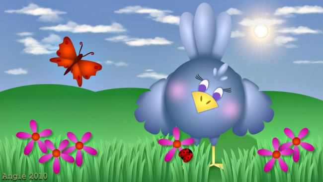 Обои картинки фото векторная графика, птицы, бабочка, цветы, цыпленок