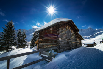 Картинка природа зима солнце избушка снег горы