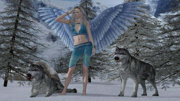 Картинка 3д+графика ангел+ angel девушка взгляд фон горы лес снег собаки ангел