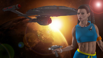 Картинка 3д+графика фантазия+ fantasy девушка взгляд оружие планета вселенная полет космический корабль