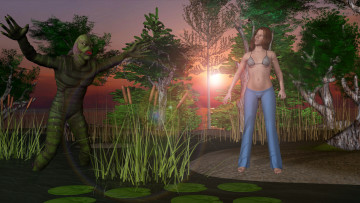 Картинка 3д+графика фантазия+ fantasy лес зомби болото закат фон взгляд девушка