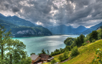 Картинка природа реки озера lake walensee alps switzerland озеро валензе альпы швейцария горы дома деревья облака
