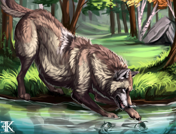 Обои картинки фото рисованное, животные,  волки, волк, лес, река