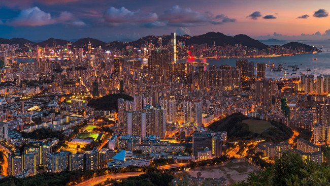 Обои картинки фото города, гонконг , китай, china, hong, kong, гонконг, ночной, город, панорама