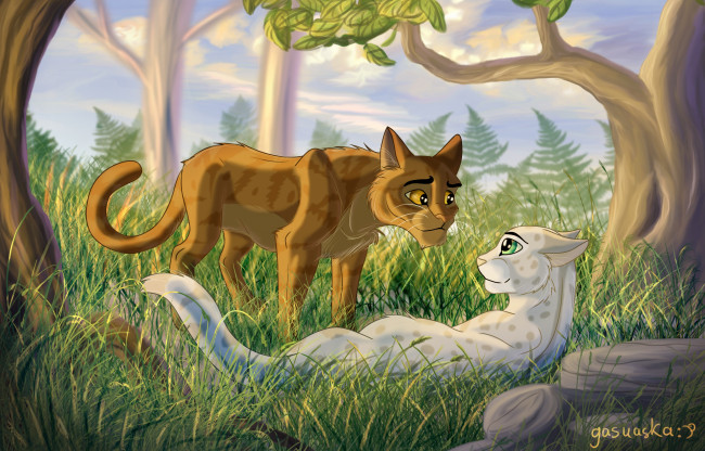 Обои картинки фото рисованное, животные,  коты, коты, взгляд, фон, деревья, трава, ветки