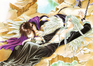 Картинка аниме ангелы +демоны teteiyus цепь двое длинные волосы поцелуй seimaden you higuri обломки art крылья парни zadei