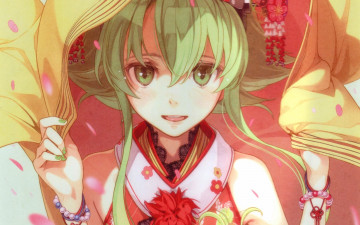 Картинка аниме vocaloid gumi megpoid hidari прическа украшения кимоно зеленые волосы art