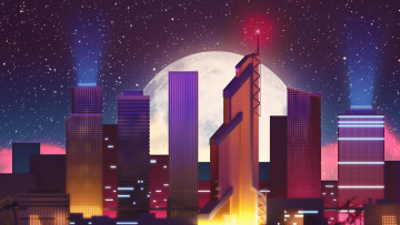 Картинка векторная+графика город+ city луна здания город ночь фон synth pop звезды небоскребы синти неон darkwave synthpop electronic retrowave synthwave