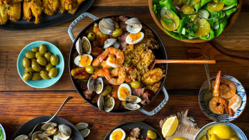 Картинка еда рыбные+блюда +с+морепродуктами паэлья креветки мидии лимоны оливки