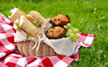 Картинка еда разное корзинка бутерброды кексы пикник