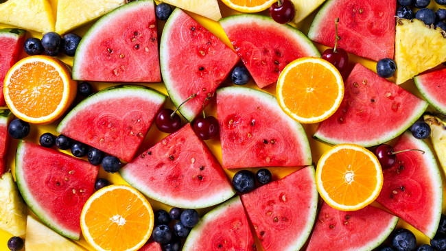Обои картинки фото еда, фрукты,  ягоды, арбуз, апельсин, вишня, черника