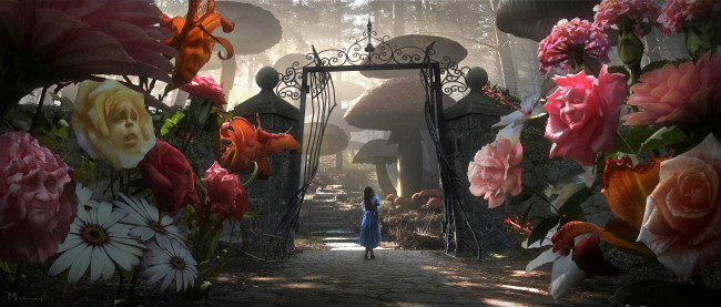 Обои картинки фото кино фильмы, alice in wonderland, алиса, ворота, сад, цветы, грибы