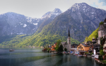 Картинка austria города пейзажи австрия горы церковь озеро дома