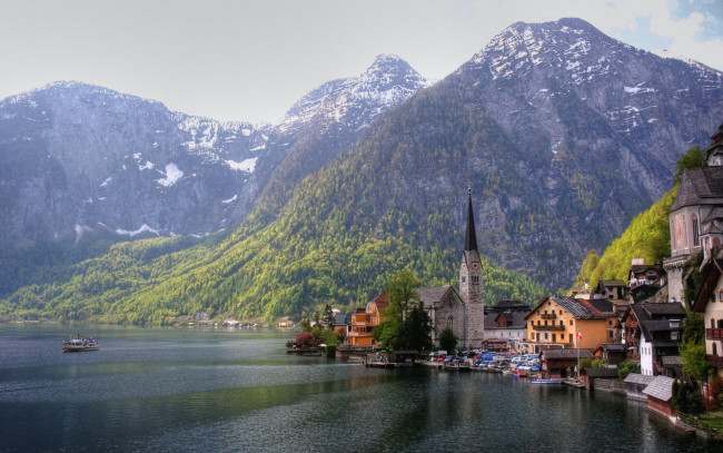 Обои картинки фото austria, города, пейзажи, австрия, горы, церковь, озеро, дома