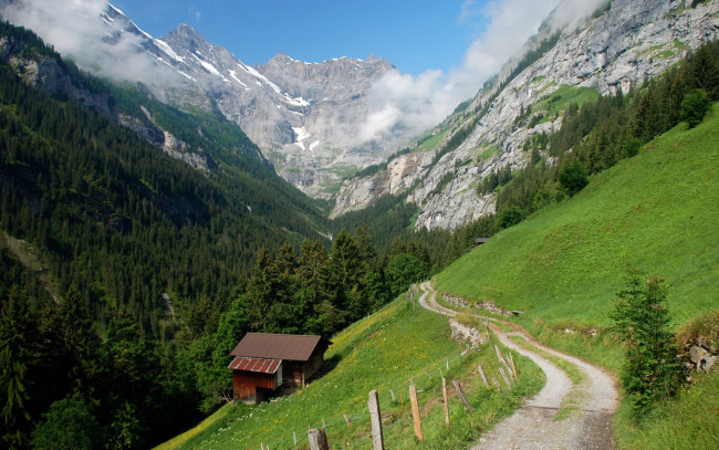 Обои картинки фото switzerland, природа, горы, леса, швейцария, хижина, дорога