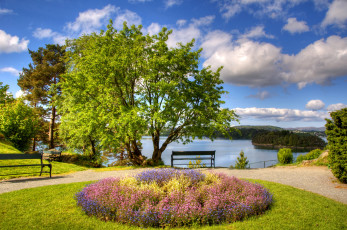 обоя норвегия, берген, природа, парк, клумба, цветы, река