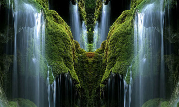 обоя green, waterfalls, разное, компьютерный, дизайн, ущелье, отражение, водопады, зелень