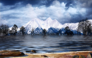 Картинка snowcaps 3д графика nature landscape природа горы песок пляж озеро