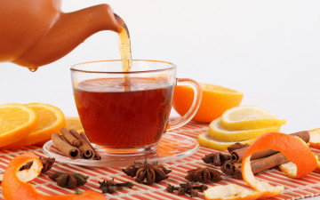 Картинка еда напитки +Чай гвоздика бадьян напиток корица специи фрукты чайник цитрусы лимон апельсин чай чашка