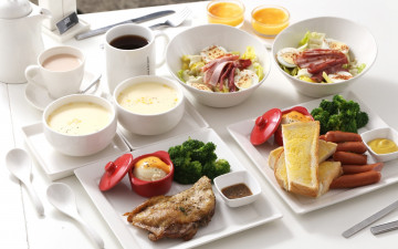 Картинка еда разное завтрак чай кофе суп мясо сосиски хлеб соусы брокколи салат ассорти