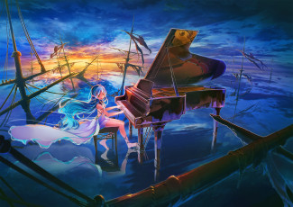 Картинка аниме музыка пианино фон взгляд девушка