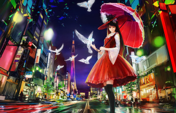 Картинка аниме город +улицы +здания зонт девушка ночь