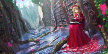 Картинка аниме животные +существа вода библиотека замок корни ушки девочка