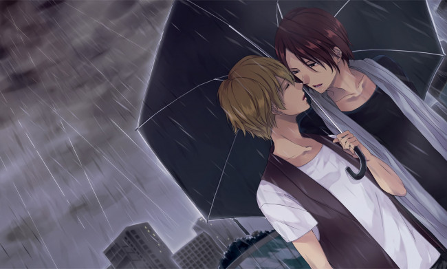 Обои картинки фото аниме, unknown,  другое, романтика, зонт, дождь, парни