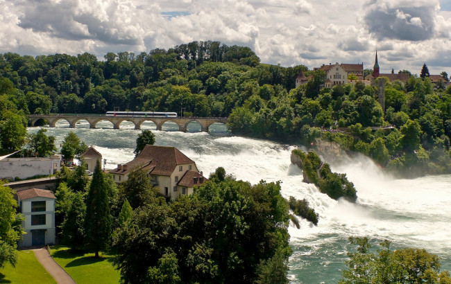 Обои картинки фото города, - пейзажи, панорама, река, горы, водопад, швейцария, поезд