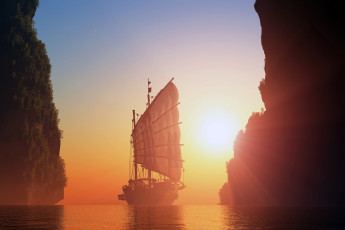 Картинка корабли парусники солнце горы водоем
