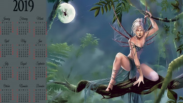 Картинка календари фэнтези девушка крылья дерево паук луна calendar 2019