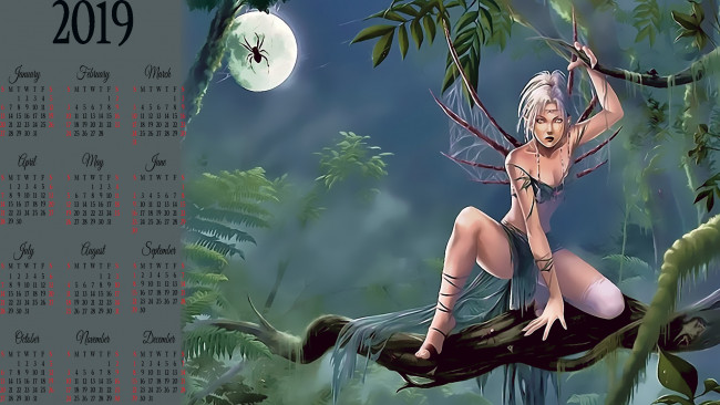 Обои картинки фото календари, фэнтези, девушка, крылья, дерево, паук, луна, calendar, 2019