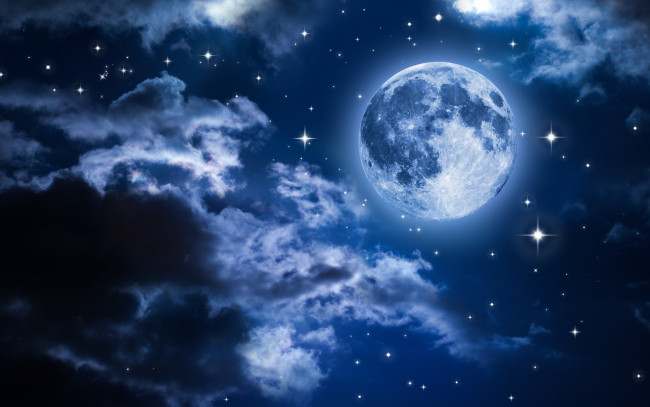 Обои картинки фото космос, луна, свет, ночь, ночной, небо, пейзаж, облака