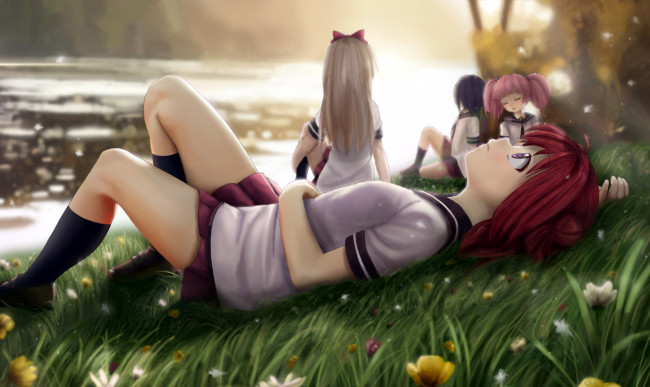 Обои картинки фото аниме, unknown,  другое , девочки, трава, цветы, отдых, озеро