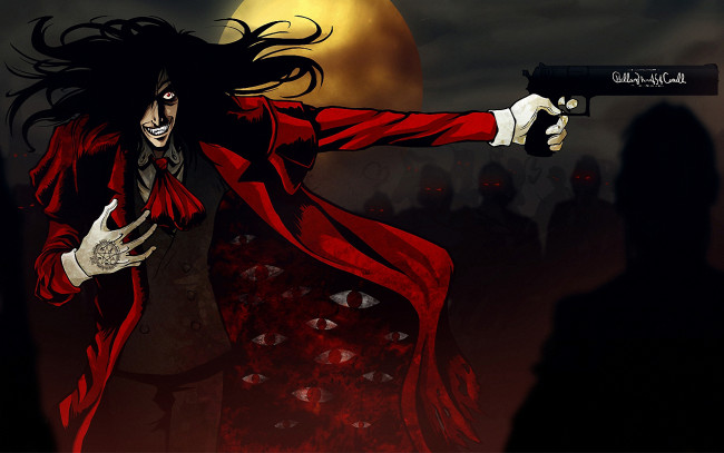 Обои картинки фото аниме, hellsing, алукард, alucard, дракула, вампир, шакал, оружие, пистолет, dracula, луна