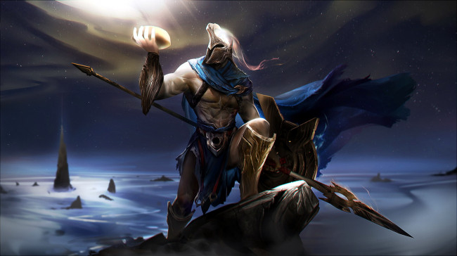Обои картинки фото видео игры, league of legends, воин, копье, скалы, pantheon
