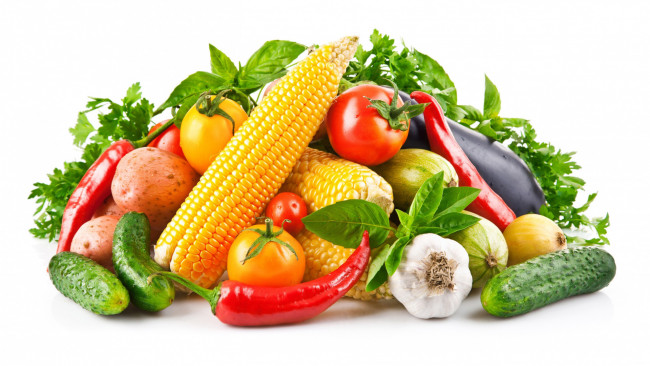 Обои картинки фото еда, овощи, кукуруза, огурцы, помидоры, баклажан