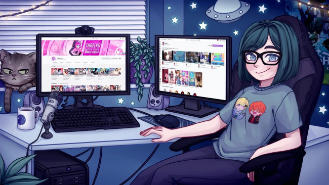 Обои картинки фото аниме, оружие,  техника,  технологии, девушка, очки, футболка, кот, компьютер, микрофон